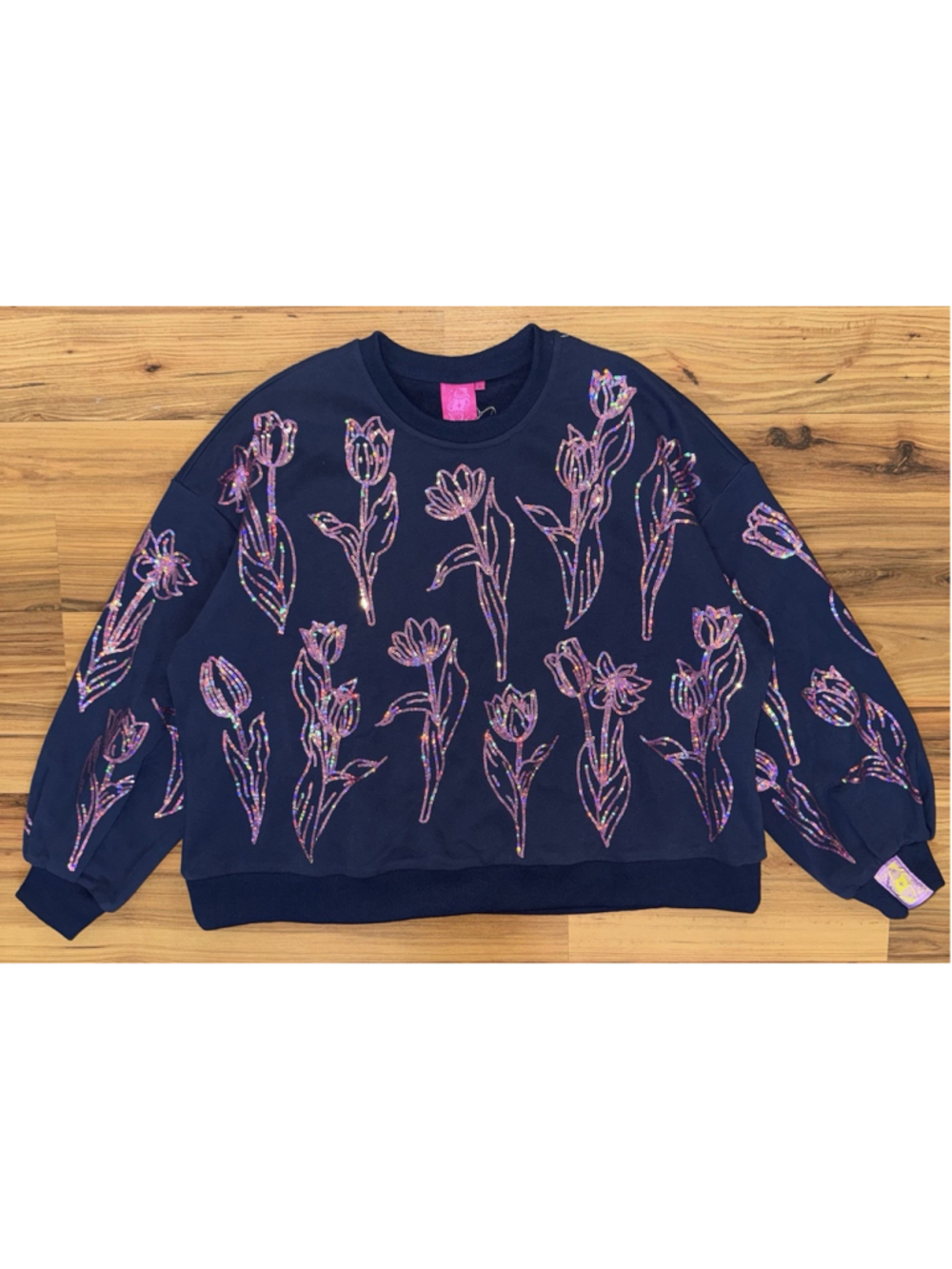 NWT Queen of Sparkles Sequin Tulip Flower Sweatshirt Navy Whimsical Floral S